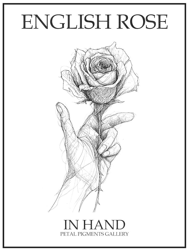 Englische Rose in der Hand Strichzeichnung 1 Poster