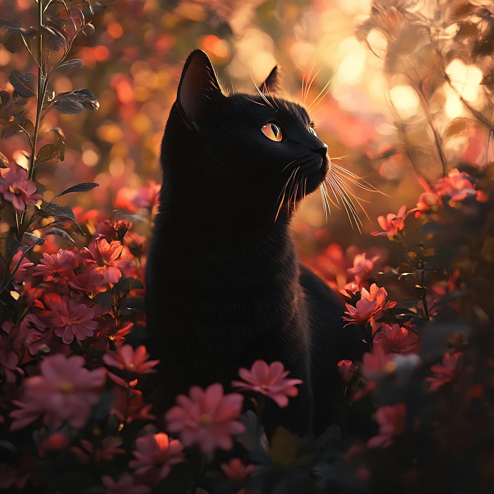 Black Cat in a Floral Sunset Garden 9