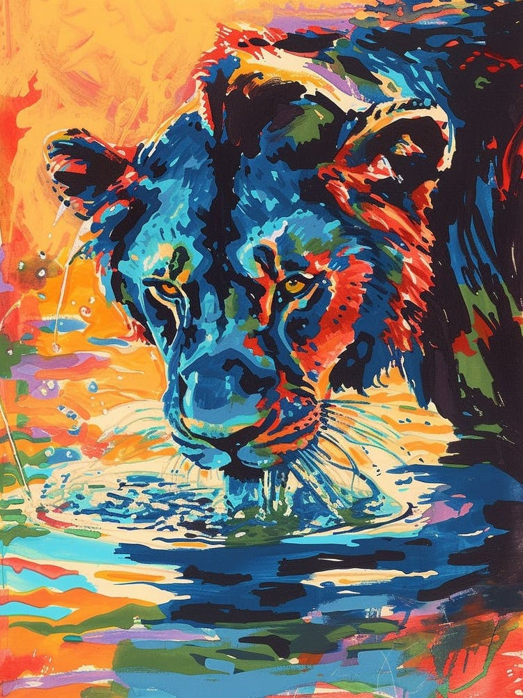 Black Lion Drinking From A Watering Hole Fauvist Painting 2