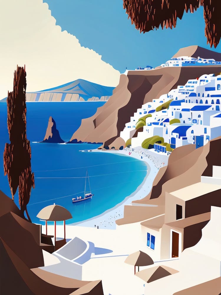 Santorin, Greece - Retro Landscape Beach and Coastal Theme Travel Poster