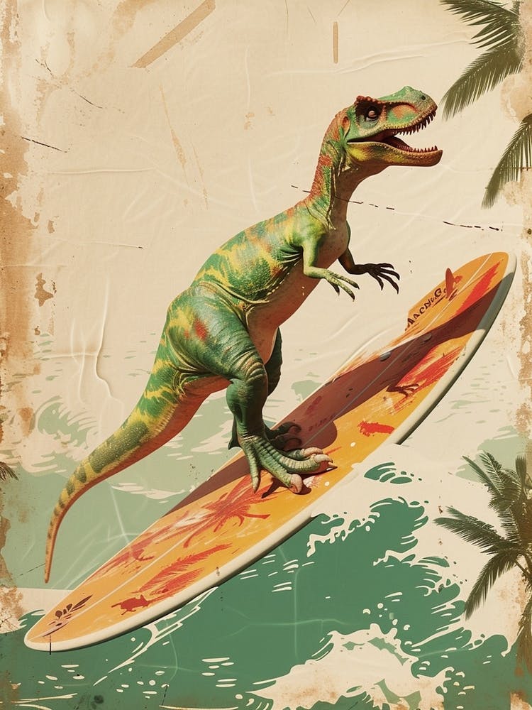 Vintage Compsognathus Dinosaur On A Surf Board 2