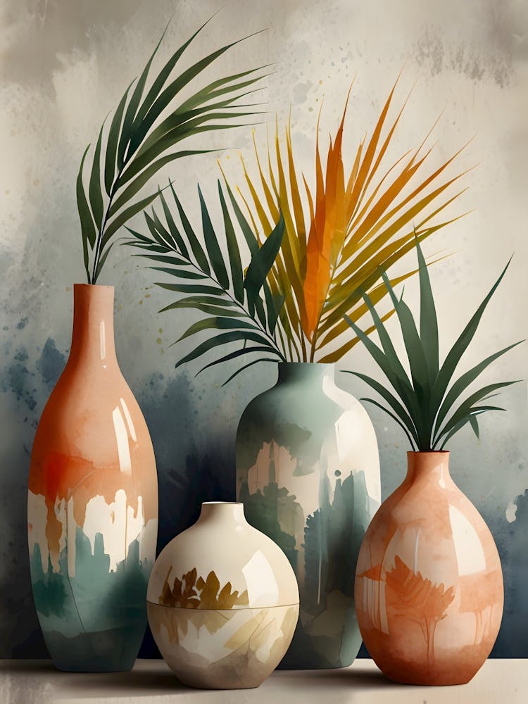 Tropische Vasen in Aquarelltönen