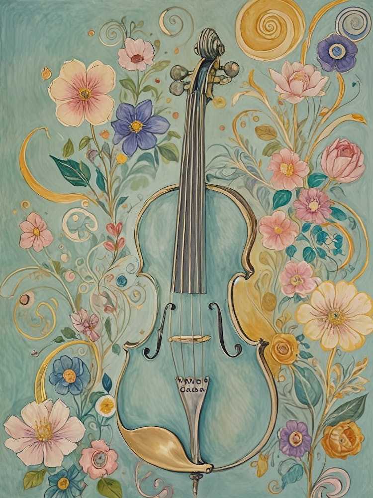 Blue Violin And Flowers