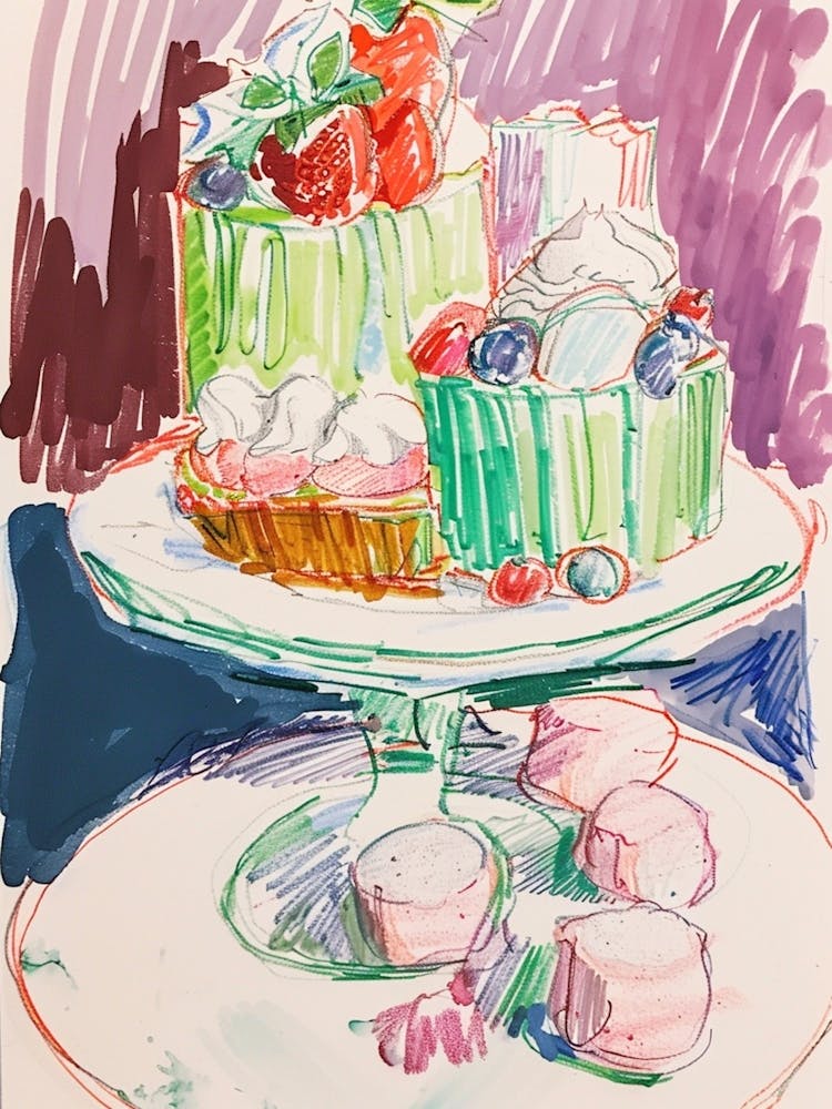 Jelly & Desserts On A Dessert Stand Felt Tip Pen Brushstrokes