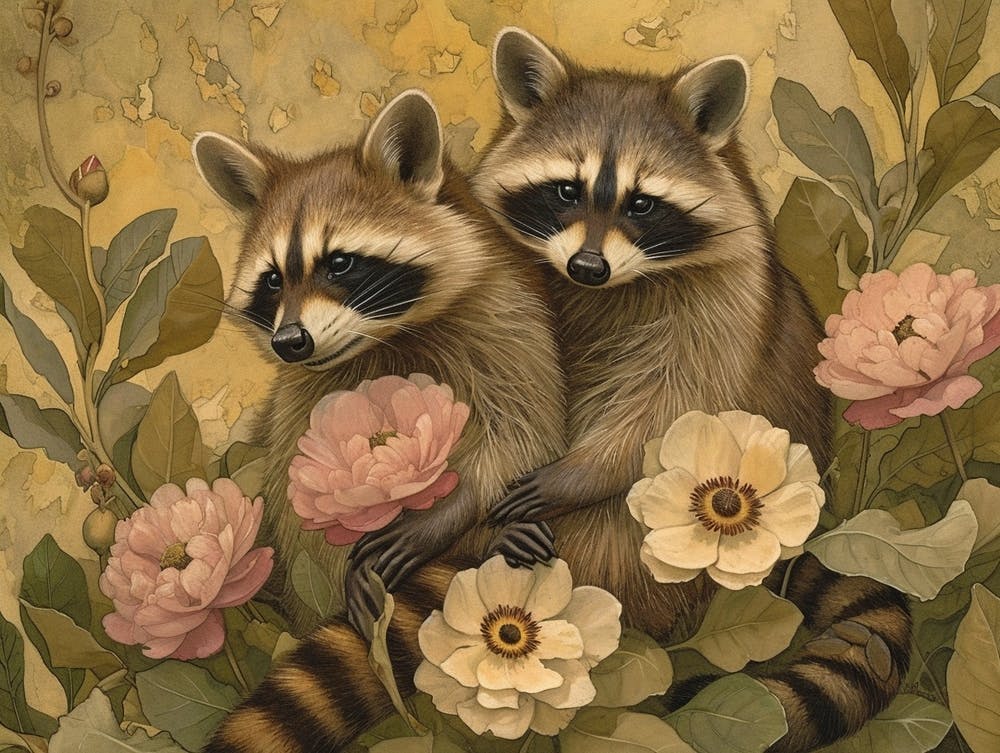 Floral Animal Illustration Raccoon 1