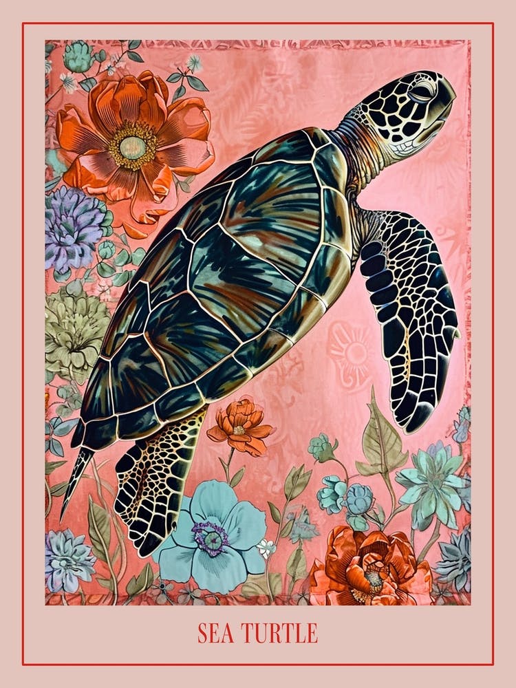 Floral Animal Painting Sea Turtle 2 Poster