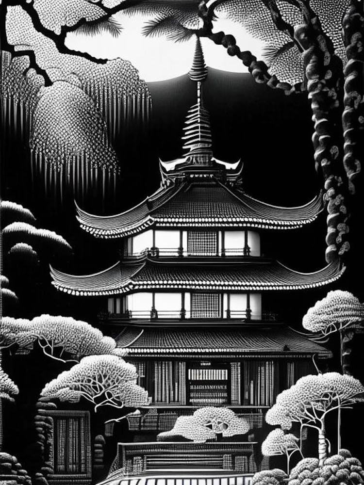 Ninna Ji Temple, Japan Linocut Black And White Vintage