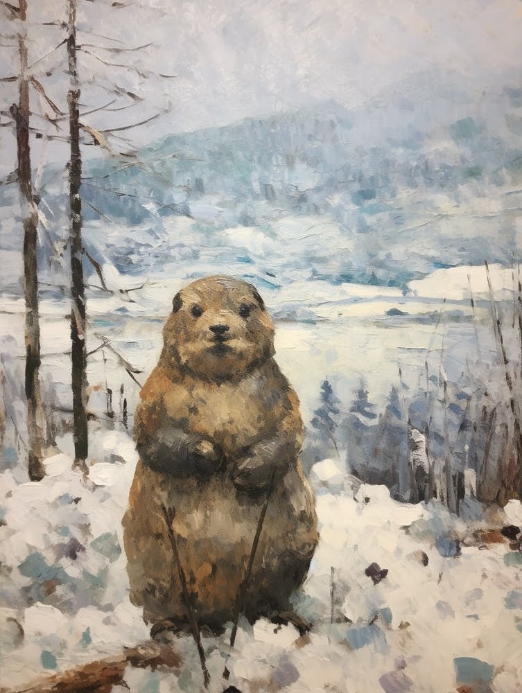 Vintage Winter Animal Painting Woodchuck 2