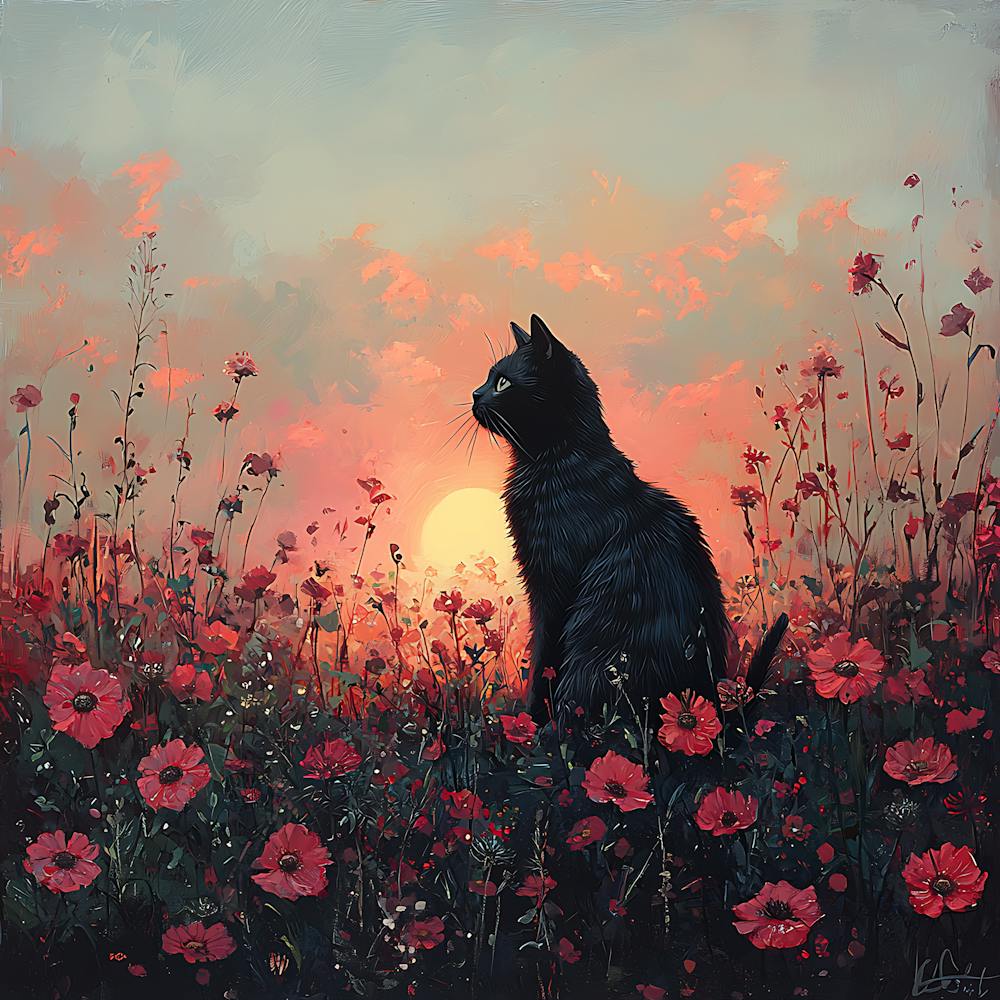 Black Cat in a Floral Sunset Garden 1