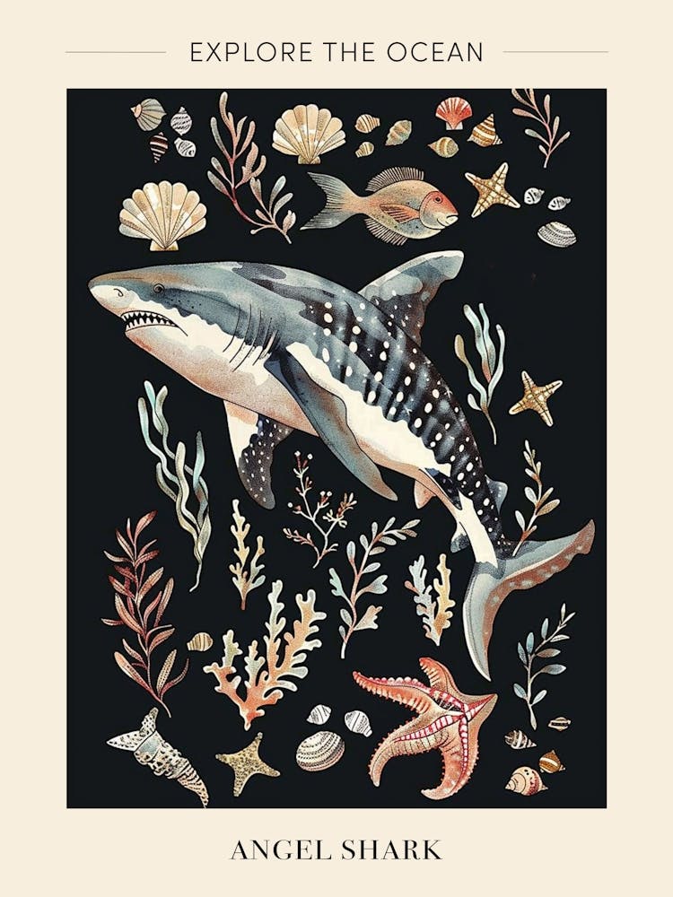 Angel Shark Seascape Black Background Illustration 3 Poster
