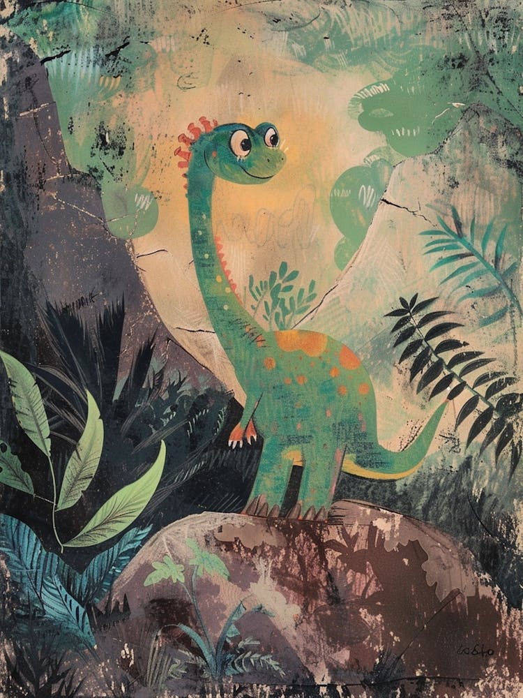 Cute Dinosaur By The Stream Watercolour Painting 1