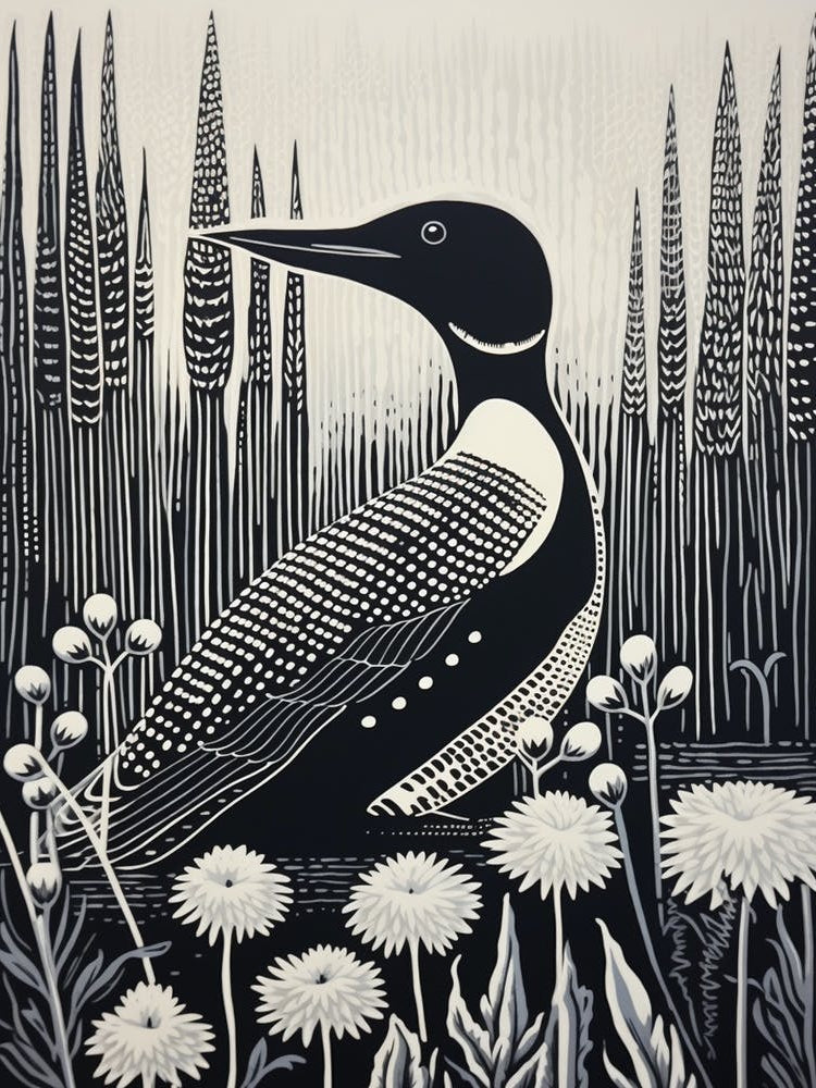 B&W Bird Linocut Common Loon 1