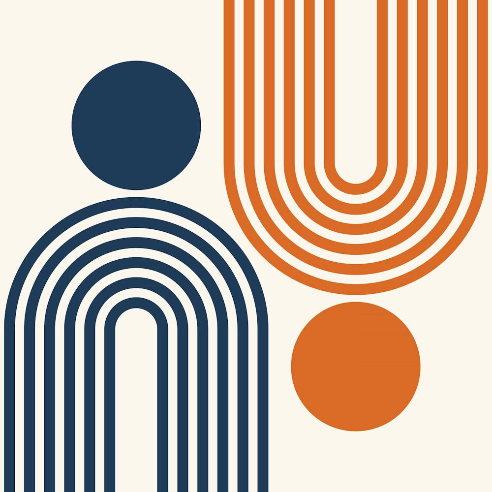 Mid Century Modern Geometric Rainbow And Sun Abstract A3 In Navy Blue Burnt Orange 02