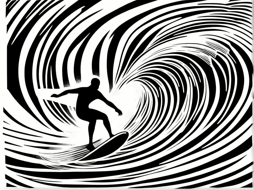 Linocut Black And White Surfer On A Wave art, surfing art, 250