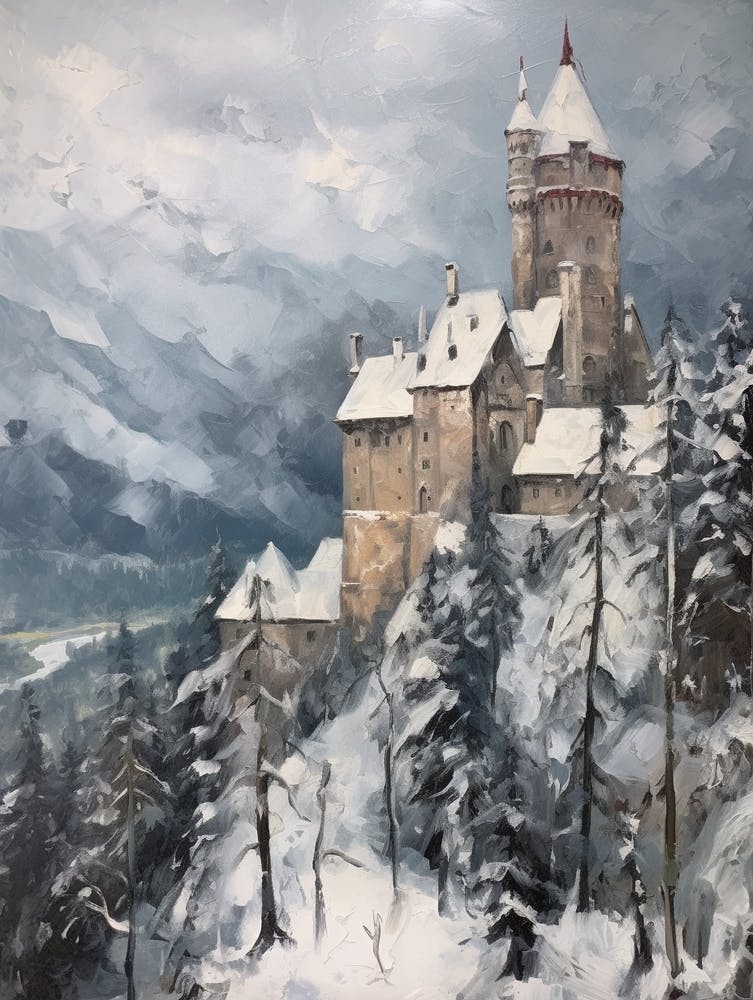 Vintage Winter Painting Schloss Neuschwanstein Germany
