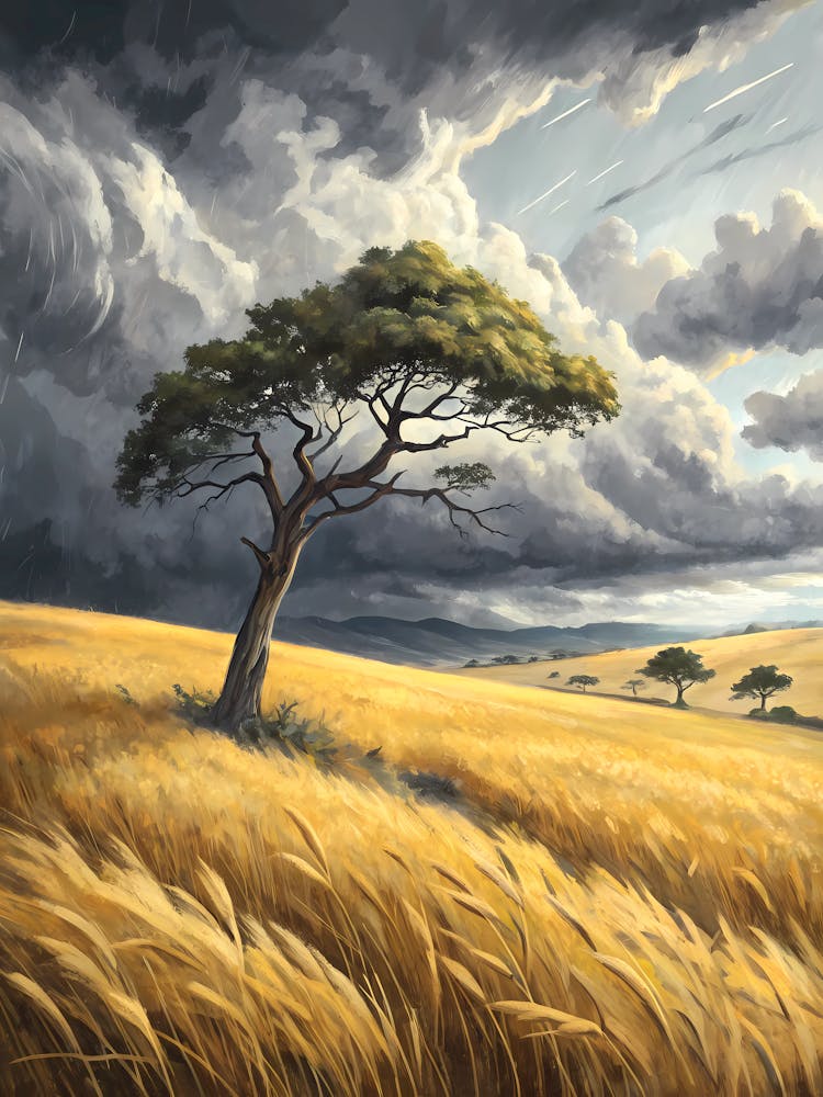 Oil Painting Style Lone Acacia Tree in Golden Field Stormy Sky Landscape