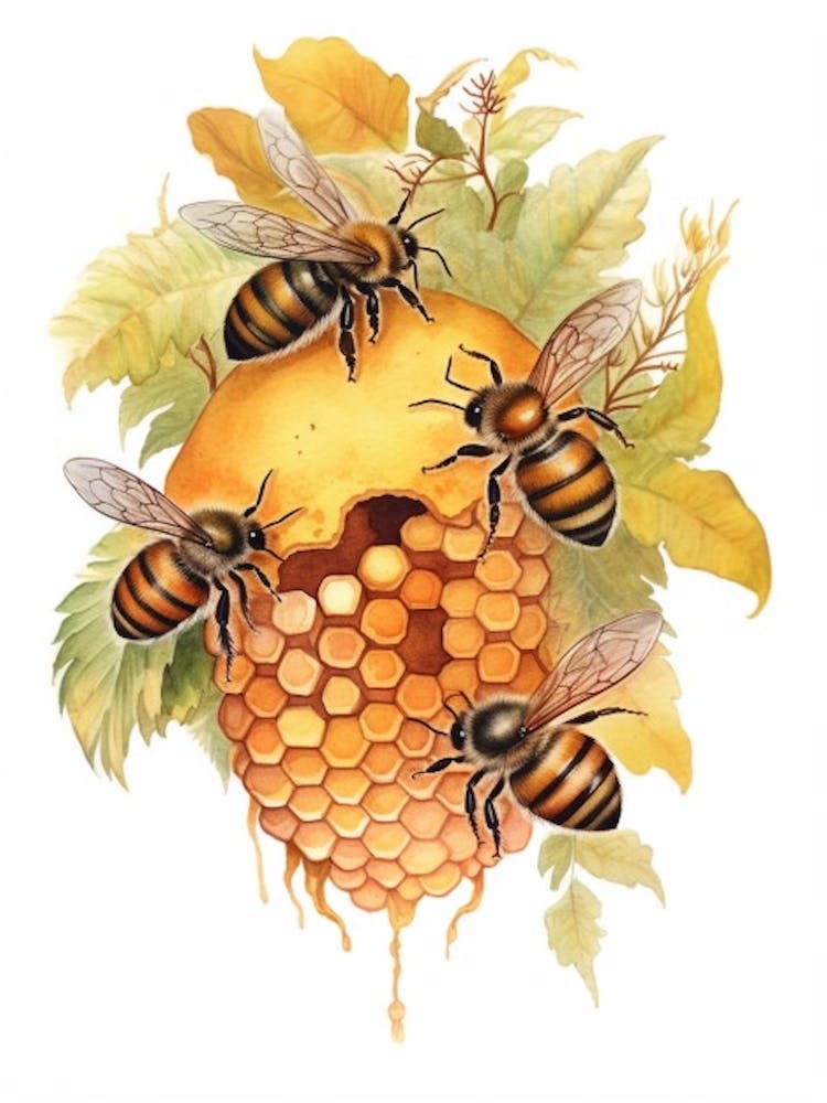 Western Honey Bee Beehive Watercolour Illustration 2