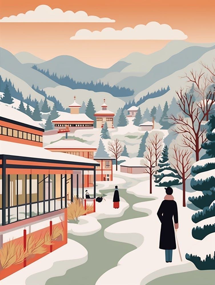 Vintage Winter Travel Illustration Hakone Japan 4