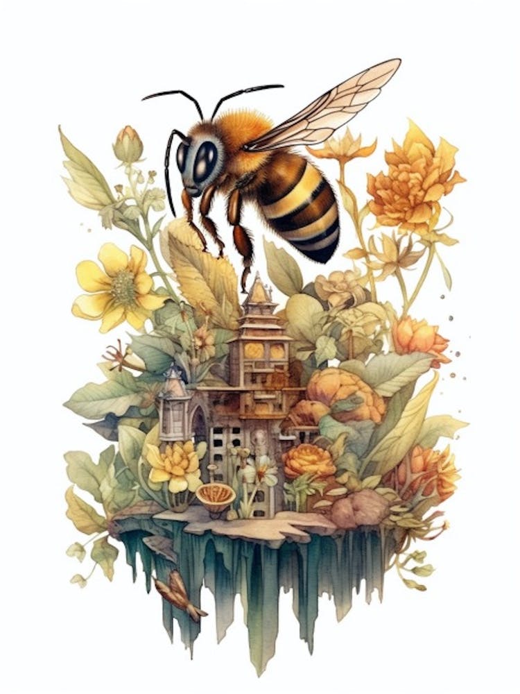 Long Horned Bee Beehive Watercolour Illustration 1