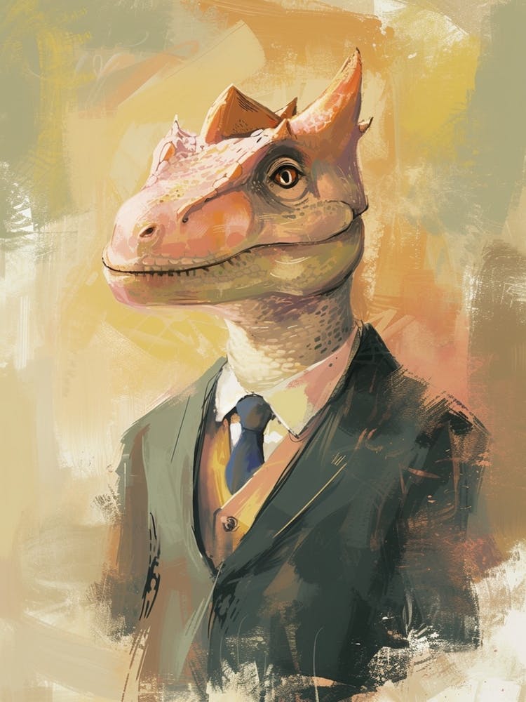 Mustard Painting Of A Dinosaur Lizard In A Suit 1