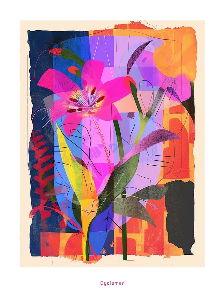 Cyclamen 2 Neon Flower Collage Poster