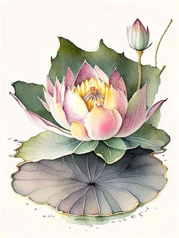 Blooming Lotus Flower In Lake Watercolour Ink Pencil 3