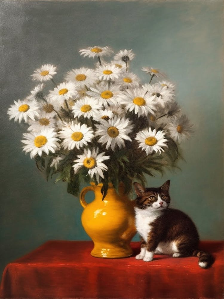 Painting Of A Still Life Of A Daisies With A Cat, Realism 4
