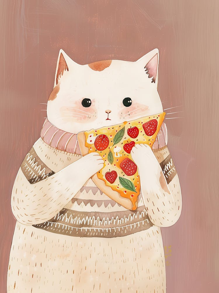 Niedliche weiße Katze Pizzaliebhaber Volksillustration 4
