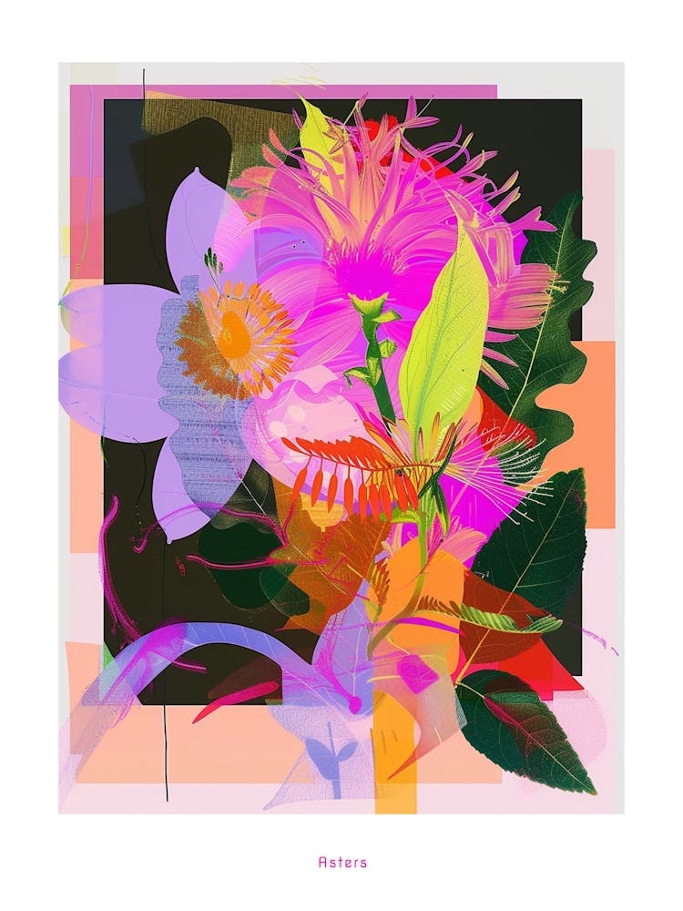 Asters 3 Neon Flower Collage Poster