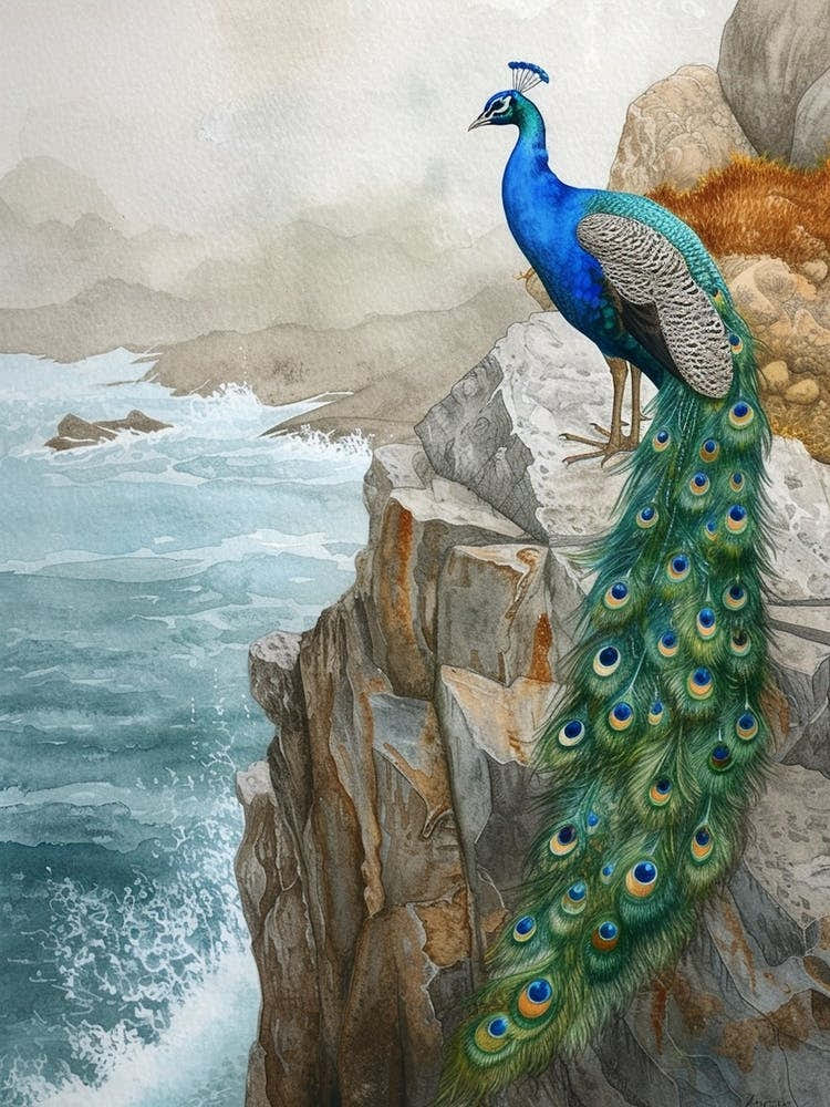 Peacock On A Cliff Edge Watercolour 3