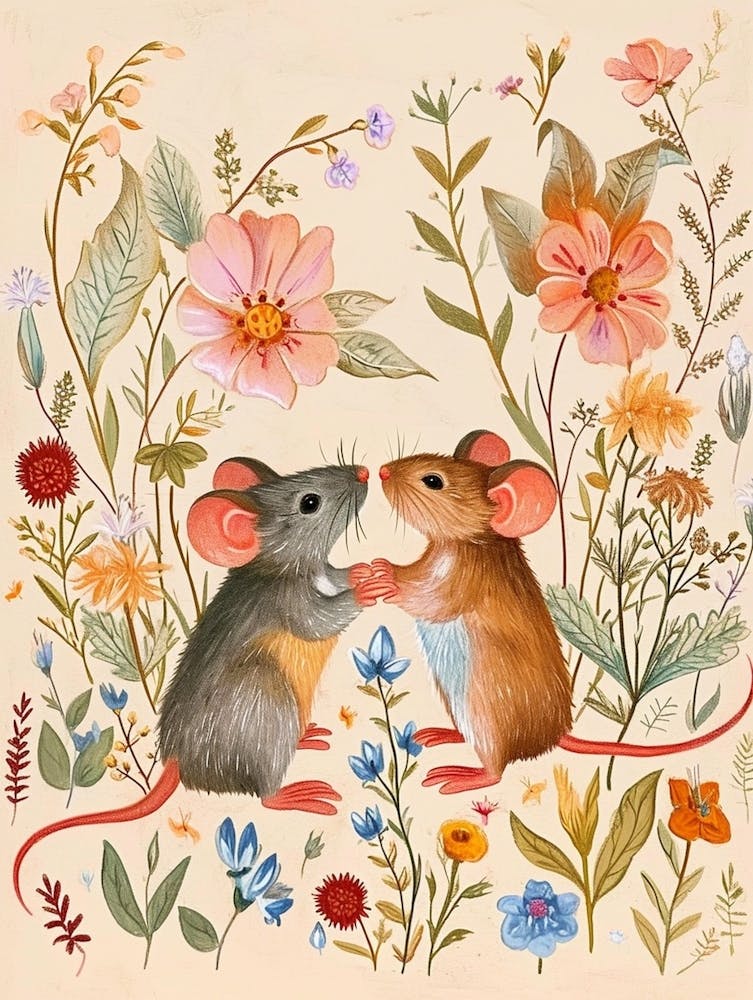 Folksy Floral Animal Drawing Mouse 2