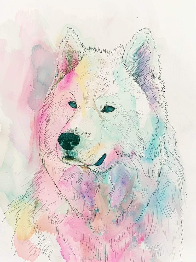 Samoyed Dog Pastel Line Watercolour Illustration  1