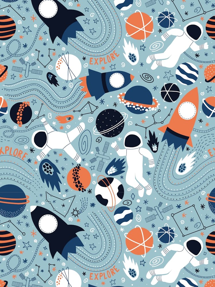 Explore Outer Space - Light Blue, Navy, Black and Orange Universe Kids
