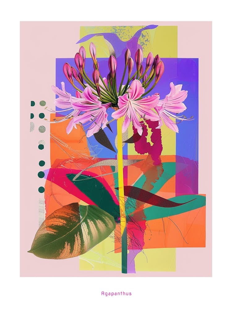 Agapanthus 1 Neon Flower Collage Poster