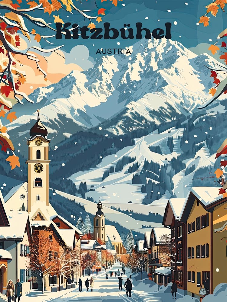 Kitzbuhel Austria Winter Travel Art Illustration