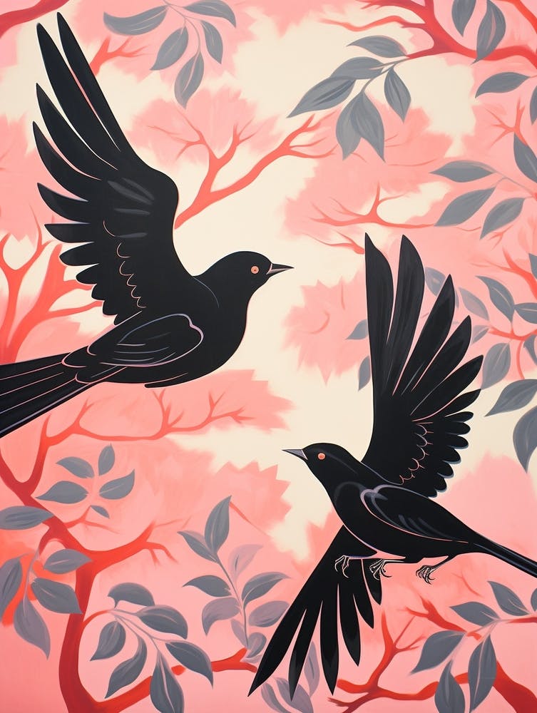 Vintage Japanese Inspired Bird Print Blackbird 2