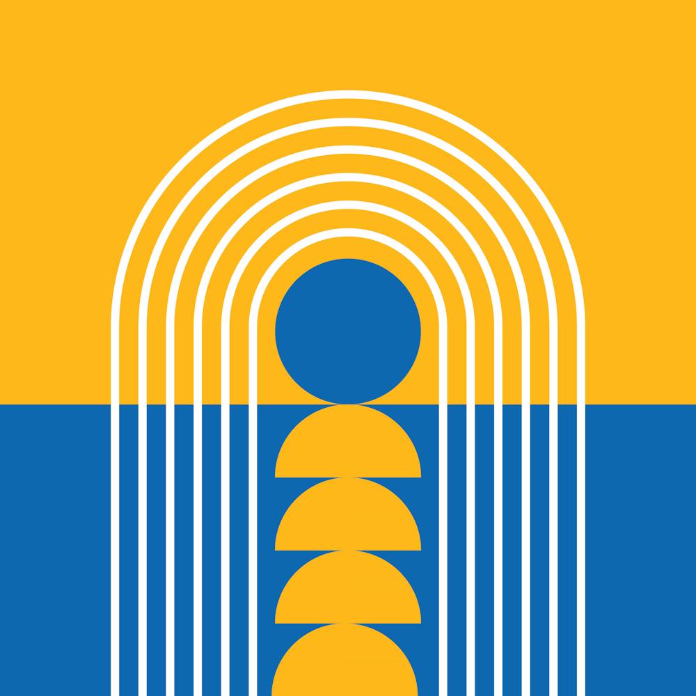 Sunrise Sunset Midcentury Modern Geometric Abstract 12 In French Blue Mustard 02