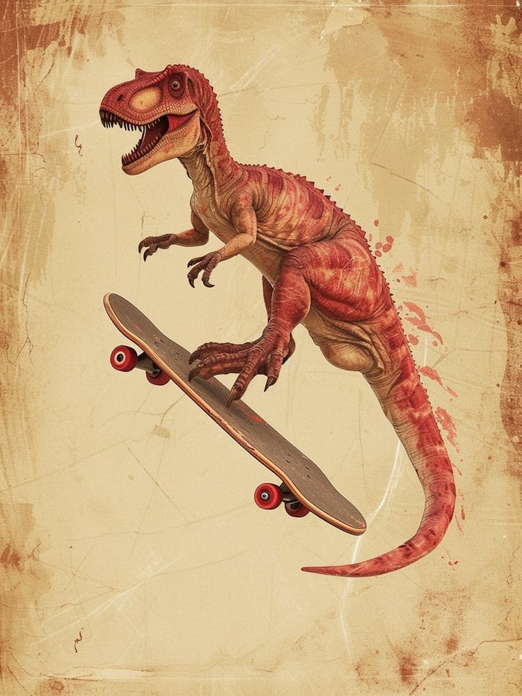 Vintage Sinornithosaurus Dinosaur On A Skateboard 2