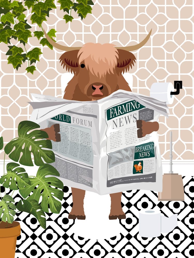 Highland Cow On Toilet Beige Botanical