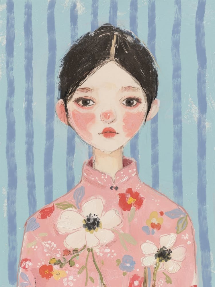 Portrait of a Asian Girl. Stripes and Flowers. Acrylic Painting