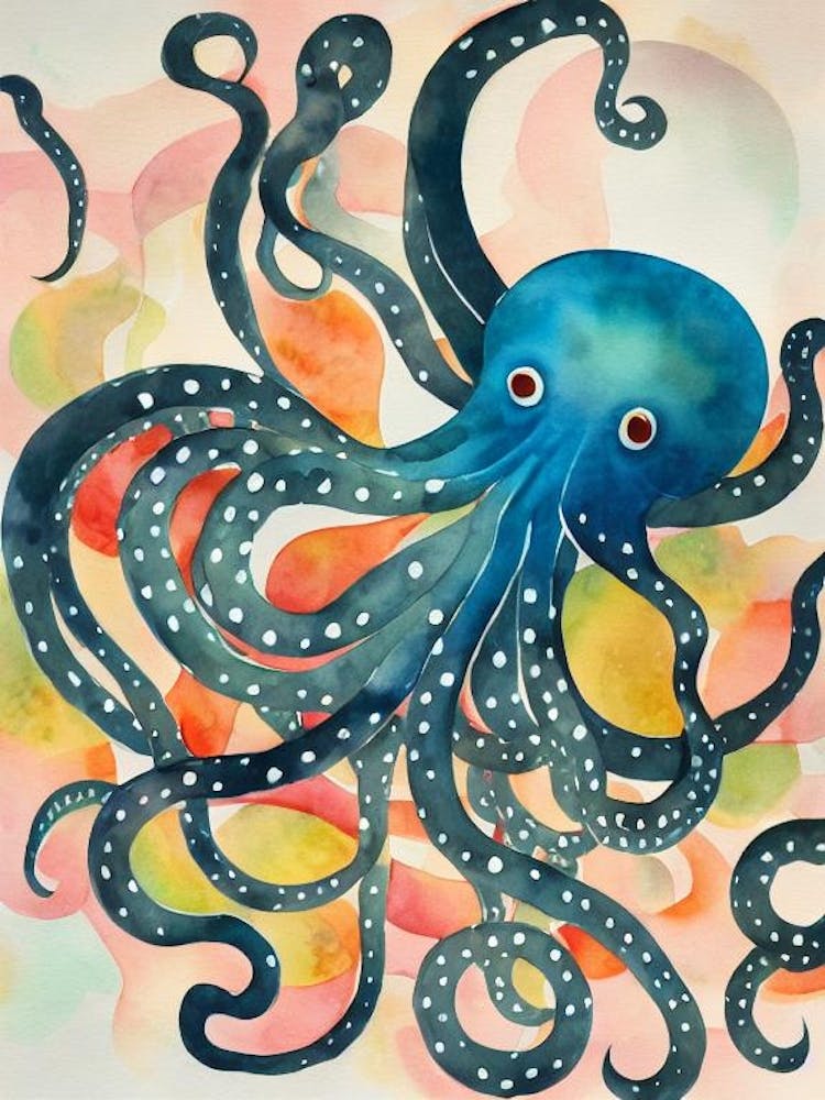 Pieuvre Bioluminescente Aquarelle Graphique Vintage
