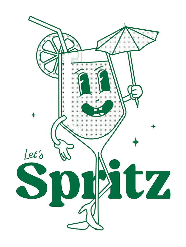 Aperol Spritz Cocktail Vintage Retro Cartoon Illustration In Green