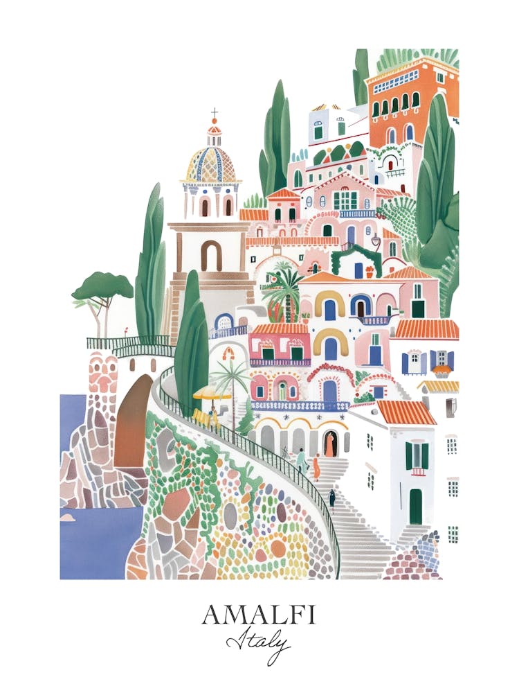Amalfi Italy Gouache Travel Illustration