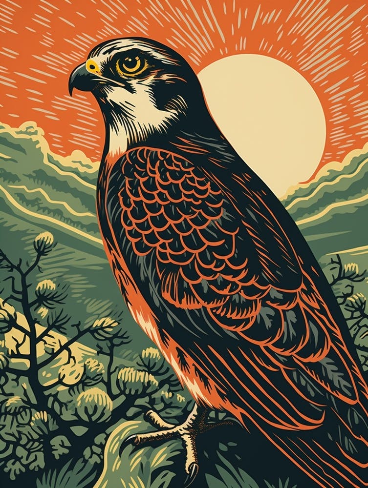 Vintage Bird Linocut Falcon 3