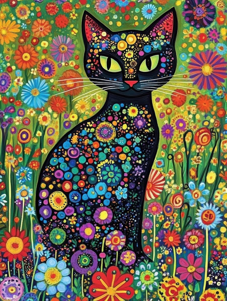 Black Cat In Flowers 2
