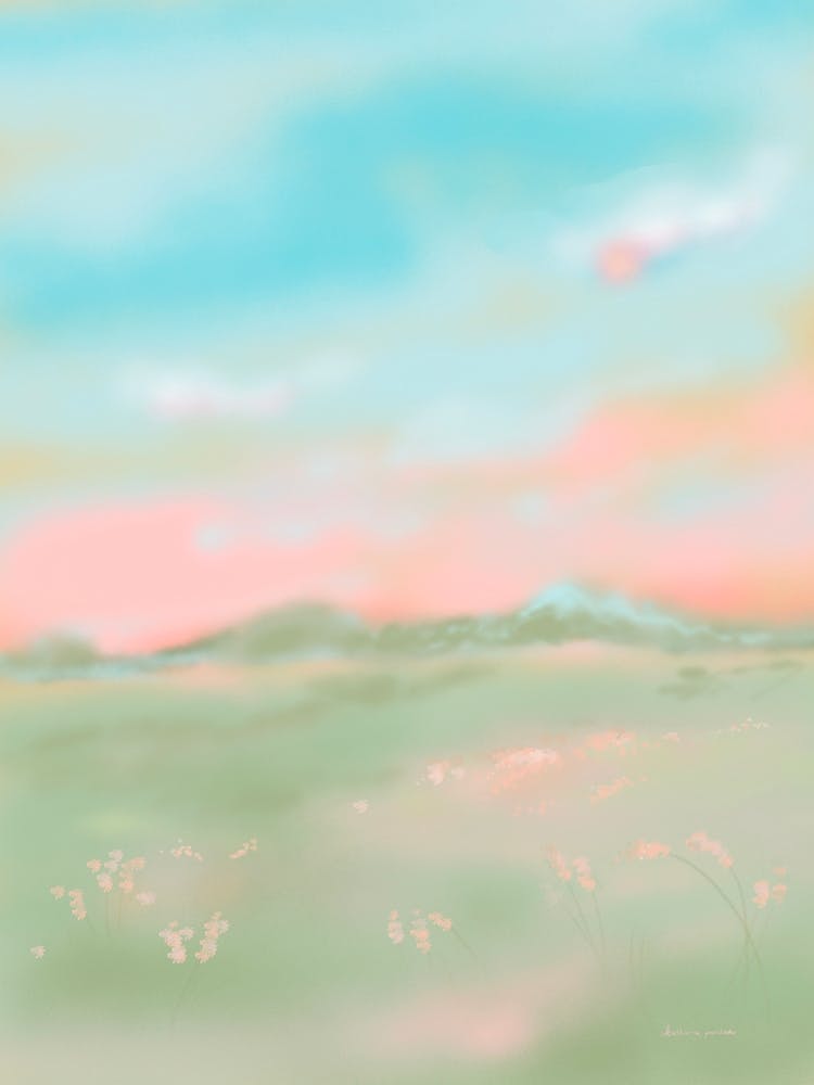 Meadow, Dreamy Pastel Landscape At Sunset