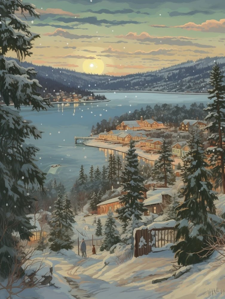 Vintage Winter Illustration Big Bear Lake California 1