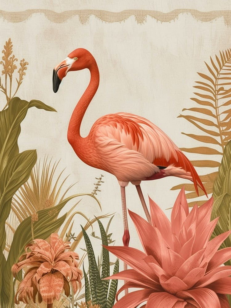 American Flamingo And Bromeliads Minimalist Illustration 1