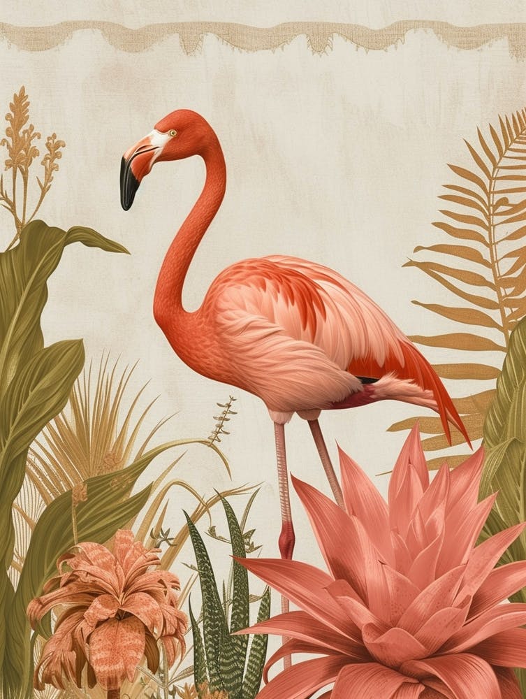 American Flamingo And Bromeliads Minimalist Illustration 1