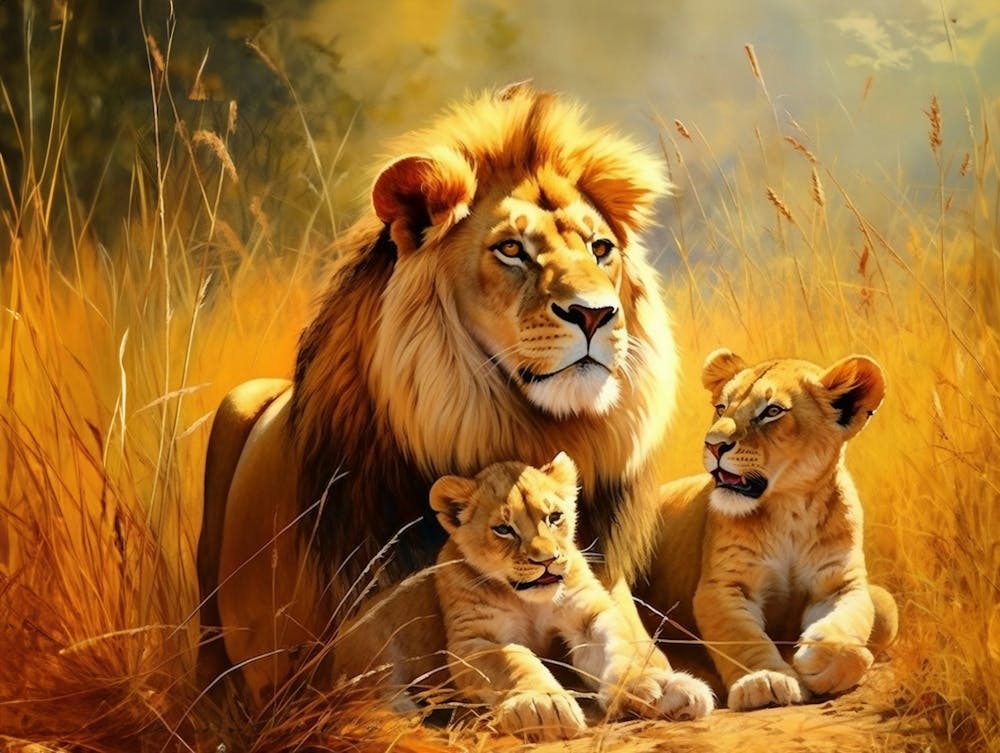 Lion d'Afrique avec Lionceaux - Peinture Réaliste 3